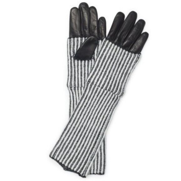 NEW Club Monaco Abby Striped Leather Gloves with Cashmere Sleeves, Black & White - Picture 1 of 13